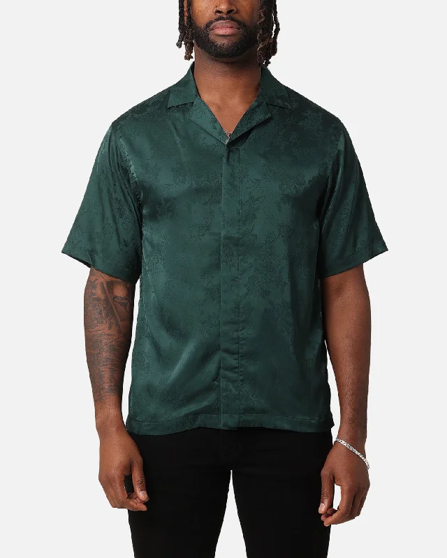 XXIII Carry Satin Button Up Shirt Dark Green-- Solid Print Embellished