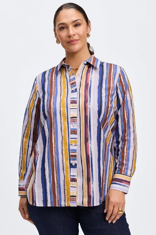 Meghan Plus No Iron Watercolor Stripe Shirt-- Ribbed T-Shirt High Neck Heavyweight