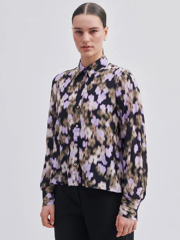 Second Female Cast Shirt Lilac & Black-- Notch Collar Peter Pan Collar Cowl Neck