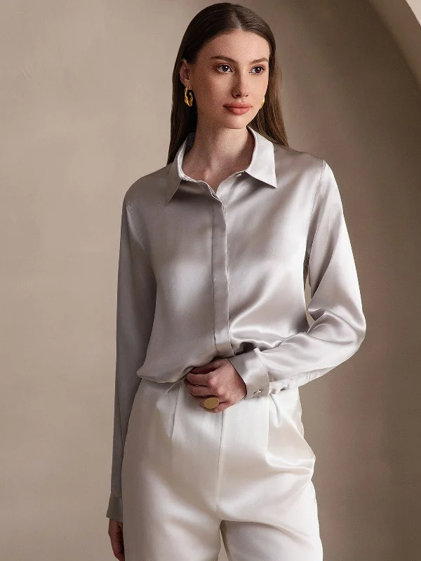 19 Momme Basic Silk Long-Sleeved Shirt-- Thin T-Shirt Open Front Quick Dry