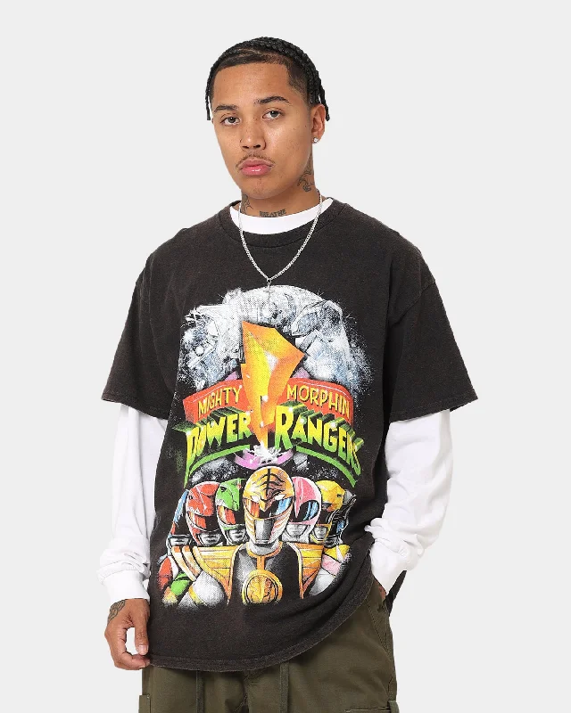American Thrift X Power Rangers Mighty Morphin Vintage T-Shirt Black Wash-- Fleece Fabric Down Fabric Feather Fabric