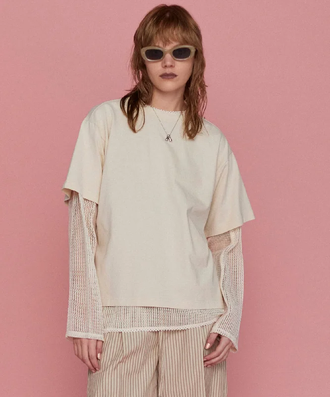 【25SPRING PRE-ORDER】Multiway Mesh Fabric Layered T-shirt-- Striped Floral Plaid