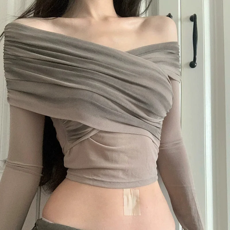 Winter Women Clothing Pleated Slim Fit Inner Wear Sexy Cross Gradient off Shoulder T shirt-- Hooded Caped Shawl Collar Winter Women Clothing Pleated Slim Fit Inner Wear Sexy Cross Gradient off Shoulder T shirt-- Hooded Caped Shawl Collar
