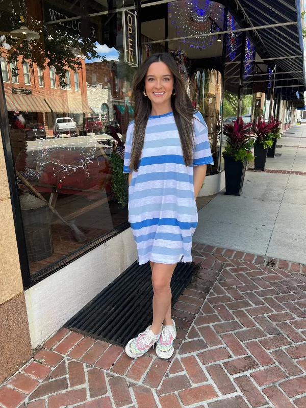 Sail Away Mini T-Shirt Dress in Shades of Blue-- Fleece Fabric Down Fabric Feather Fabric Sail Away Mini T-Shirt Dress in Shades of Blue-- Fleece Fabric Down Fabric Feather Fabric