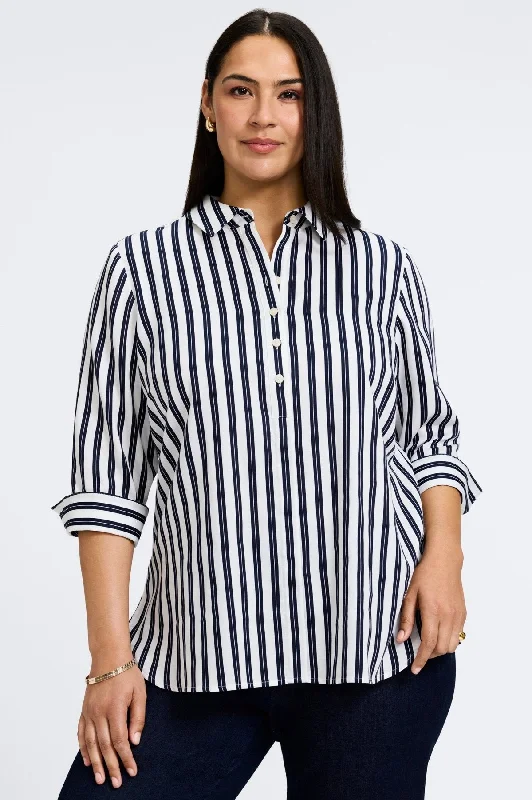 Madison Plus No Iron Double Stripe 3/4 Sleeve Shirt-- Notch Collar Peter Pan Collar Cowl Neck