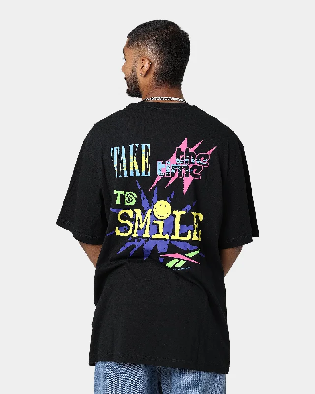 Reebok Smiley Short Sleeve T-Shirt Black-- Graphic Embroidered Appliqued