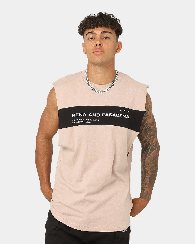 Nena and Pasadena Overthrown Scoop Back Muscle T-shirt Pigment Mushroom-- Striped Floral Plaid