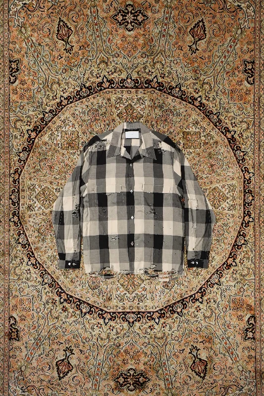 SUGARHILL BLOCK CHECK CRASHED SHIRT (BLACK AND WHITE)-- Cotton Fabric Linen Fabric Terry Fabric SUGARHILL BLOCK CHECK CRASHED SHIRT (BLACK AND WHITE)-- Cotton Fabric Linen Fabric Terry Fabric