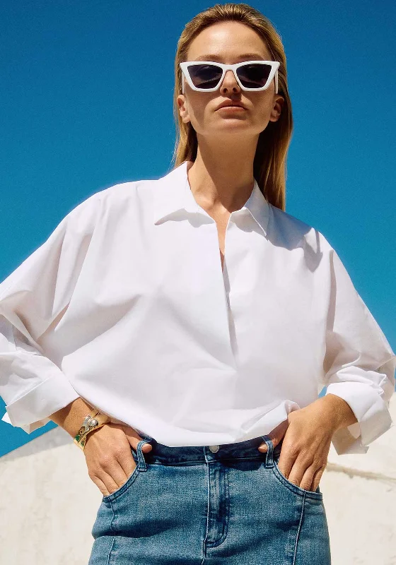 Joseph Ribkoff Boxy V Neck Shirt, White-- Houndstooth Herringbone Solid