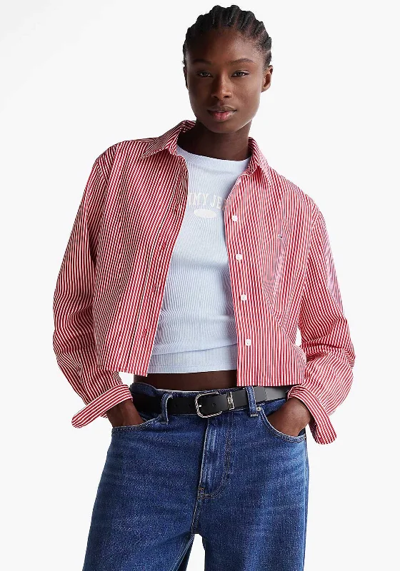 Tommy Hilfiger Striped Cropped Poplin Shirt, Red and White-- Hooded Caped Shawl Collar