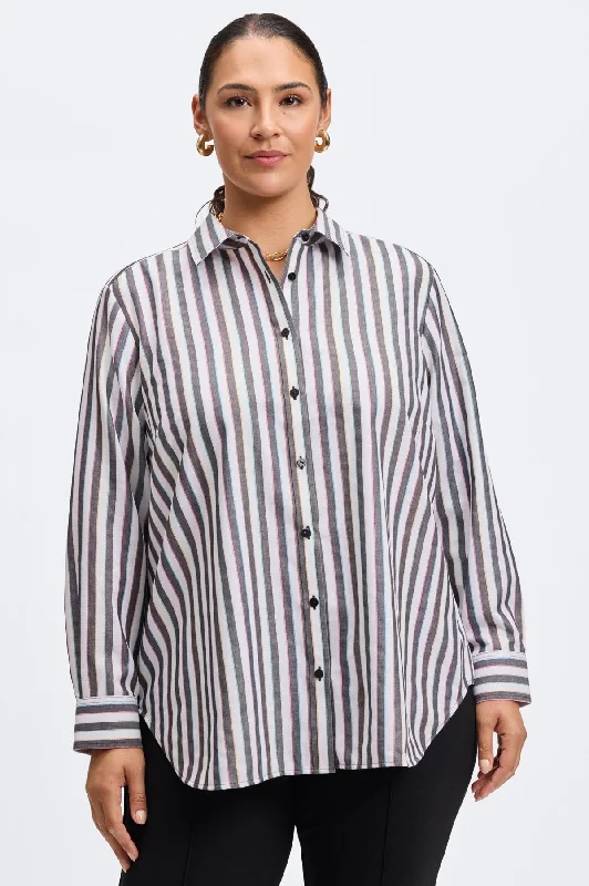 Boyfriend Plus No Iron Rainbow Lurex Stripe Shirt-- Striped Floral Plaid