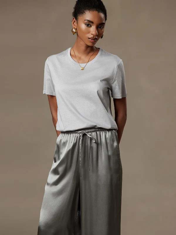 Silk Knitted Solid Color Womens T-Shirt-- Ribbed Striped Patterned