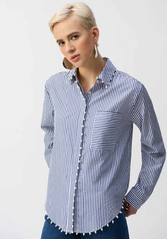 Joseph Ribkoff Pearl Trim Striped Shirt, Blue and White-- Collared Crew Neck Turtle Neck
