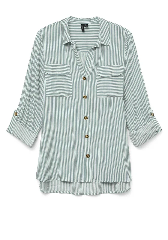 Vero Moda Bumpy Striped Shirt, Green and White-- Ribbed T-Shirt High Neck Heavyweight