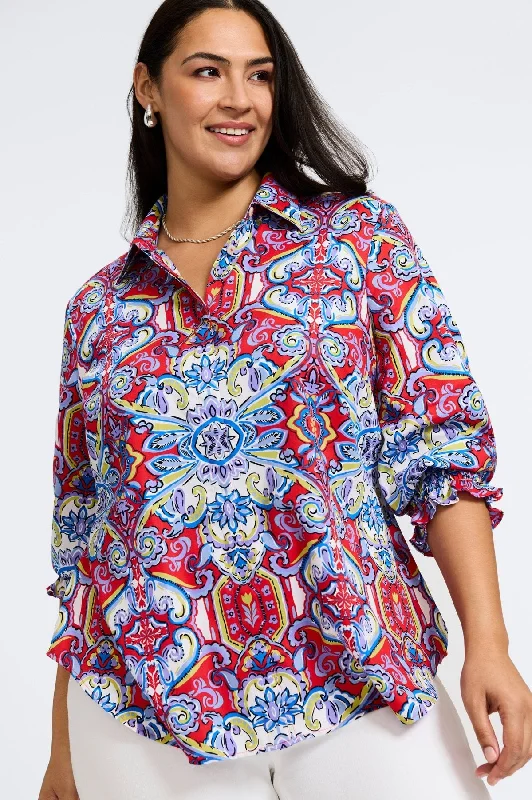 Olivia Plus No Iron Mediterranean Tiles 3/4 Sleeve Shirt-- Collared Crew Neck Turtle Neck