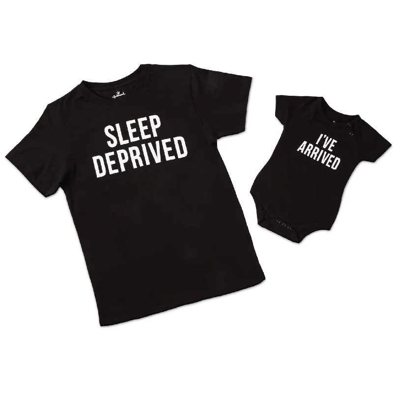 Hallmark "Sleep Deprived" New Parent T-Shirt and "I've Arrived" Newborn Bodysuit for Baby 0€“6 Months-- Collared T-Shirt Boat Neck A-Line Hallmark "Sleep Deprived" New Parent T-Shirt and "I've Arrived" Newborn Bodysuit for Baby 0€“6 Months-- Collared T-Shirt Boat Neck A-Line