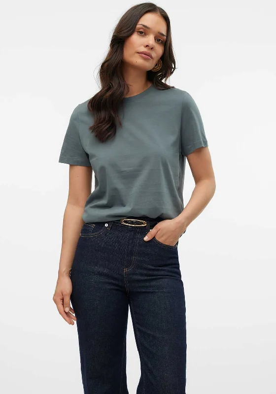 Vero Moda Paulina Short Sleeve T Shirt, Green-- Collared T-Shirt Boat Neck A-Line