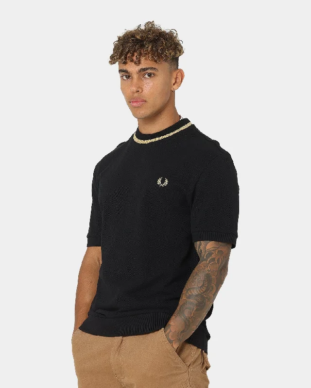 Fred Perry Crew Neck Pique T-Shirt Black/Champagne-- Ribbed Striped Patterned