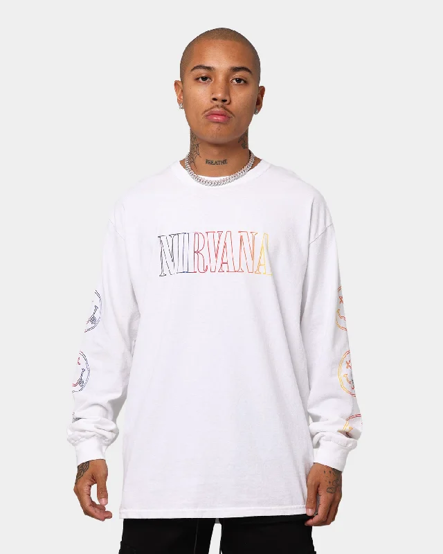 Nirvana Smiley Long Sleeve T-Shirt White-- Denim Fabric Leather Fabric Suede Fabric