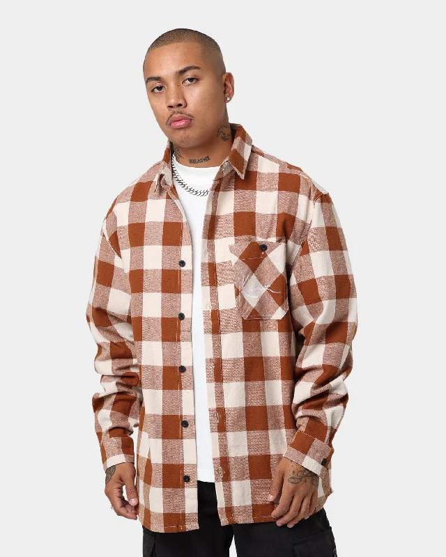 Karl Kani Chest Signature Flannel Shirt Cognac-- Collared Crew Neck Turtle Neck