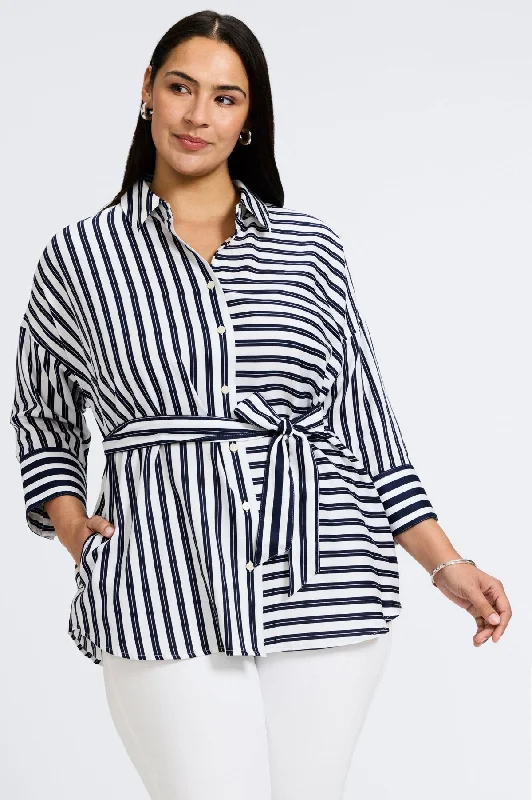 Avery Plus Double Stripe 3/4 Sleeve Shirt-- Wool Fabric Cashmere Fabric Tweed Fabric