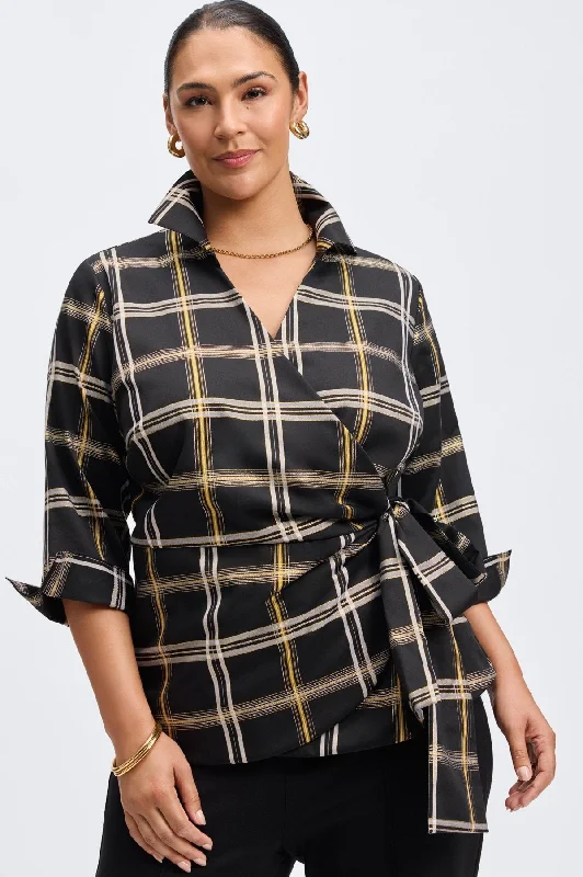 Salina Plus No Iron Gold & Silver Lurex Plaid Shirt-- Polka Dot Checkered Tartan