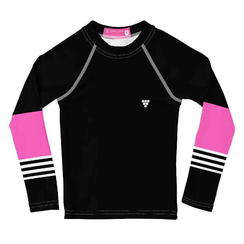 Girls (2T-7) UPF 50 Sun Shirt Rash Guard - Black + Pink-- Rayon Fabric Velvet Fabric Corduroy Fabric Girls (2T-7) UPF 50 Sun Shirt Rash Guard - Black + Pink-- Rayon Fabric Velvet Fabric Corduroy Fabric