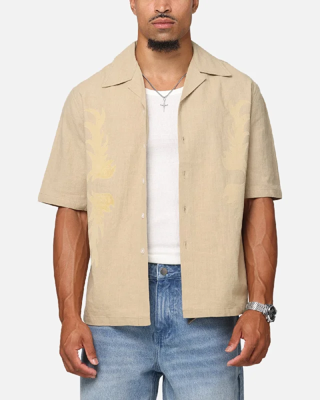 Saint Morta Flocka Button Up Shirt Tan-- Mesh Canvas Denim