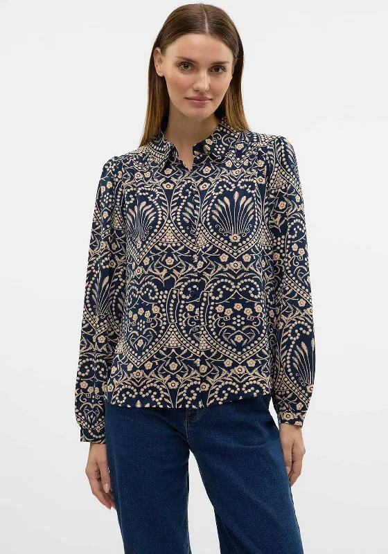 Vero Moda Vilja Floral Patterned Shirt, Navy-- Thin T-Shirt Open Front Quick Dry