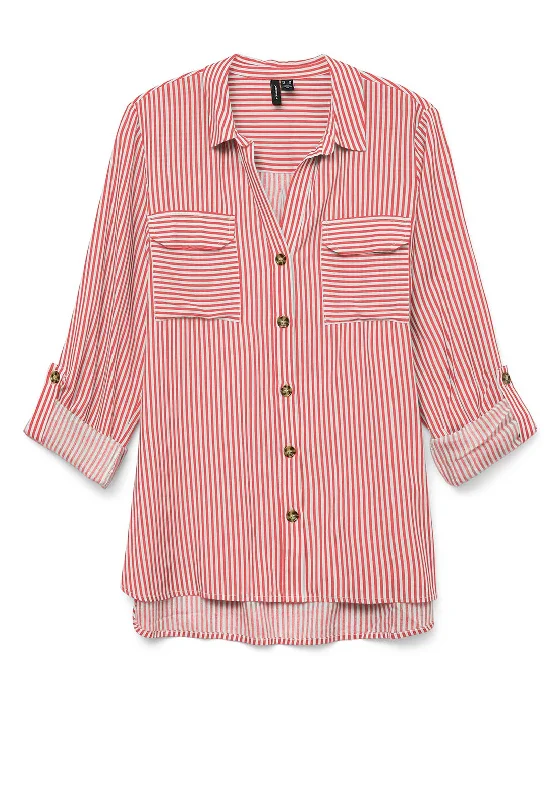 Vero Moda Bumpy Striped Shirt, Orange and White-- Fitted T-Shirt Seamless Stretchy