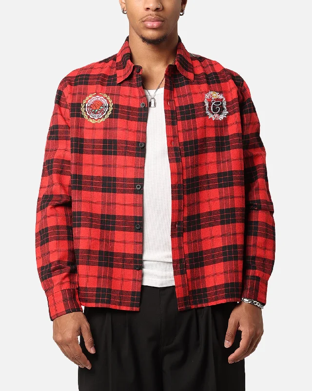 Carre Academy Long Sleeve Button Up Shirt Red Tartan-- Front Pockets Side Pockets Patch Pockets