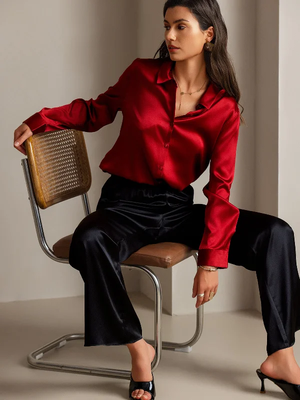 19Momme Silk Solid Color Basic Military Lapel Shirt-- Silk Blend Satin Velvet
