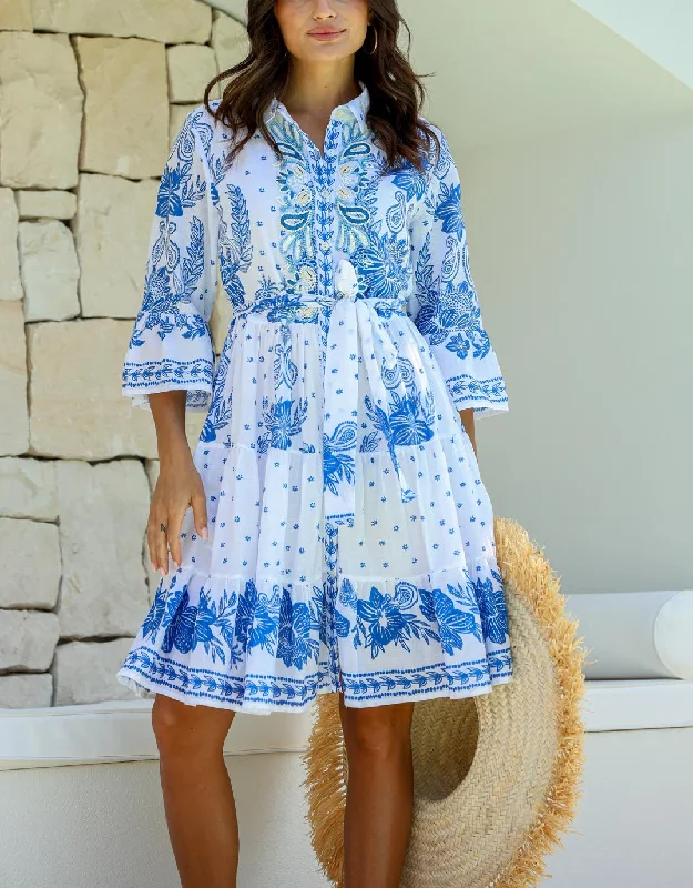 Rooftop Embroidered Tie Dress - White/Blue Floral Print girly