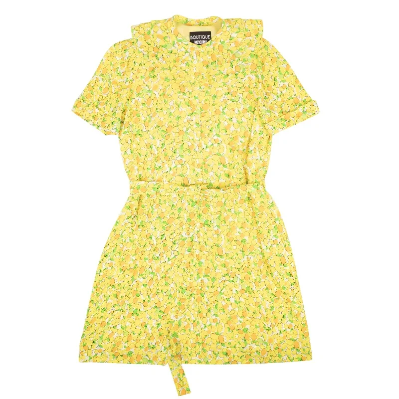 BOUTIQUE MOSCHINO Yellow Lemon Print Silk Ruffle Neck Dress Tunics Mesh breathable