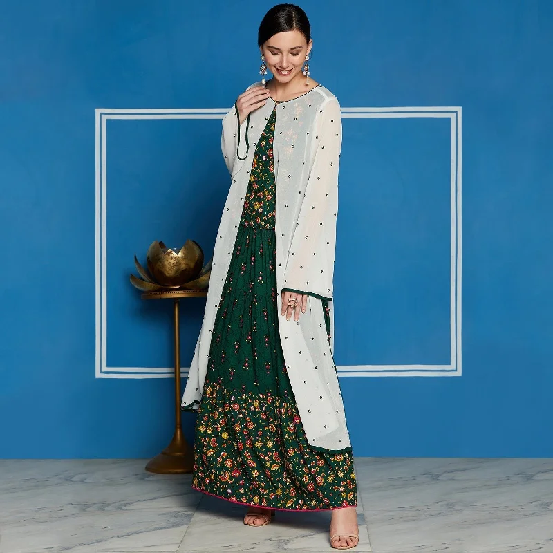 Women's Green Mughal Printed Top With Skirt And Embroidered Shrug - Pannkh cashmere skirt soft Women's Green Mughal Printed Top With Skirt And Embroidered Shrug - Pannkh cashmere skirt soft