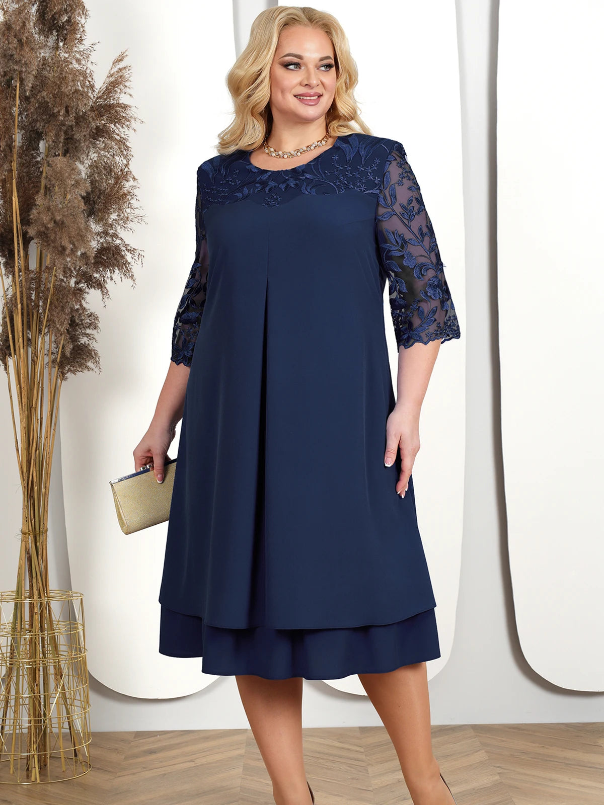 Women Embroidery Floral Patchwork Formal Dress Loose Wedding Party Banquet Prom Women Clothing Crew Neckline Sporty