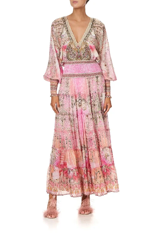 SHIRRED WAIST TIERED CIRCLE SKIRT DECO DARLING linen skirt airy