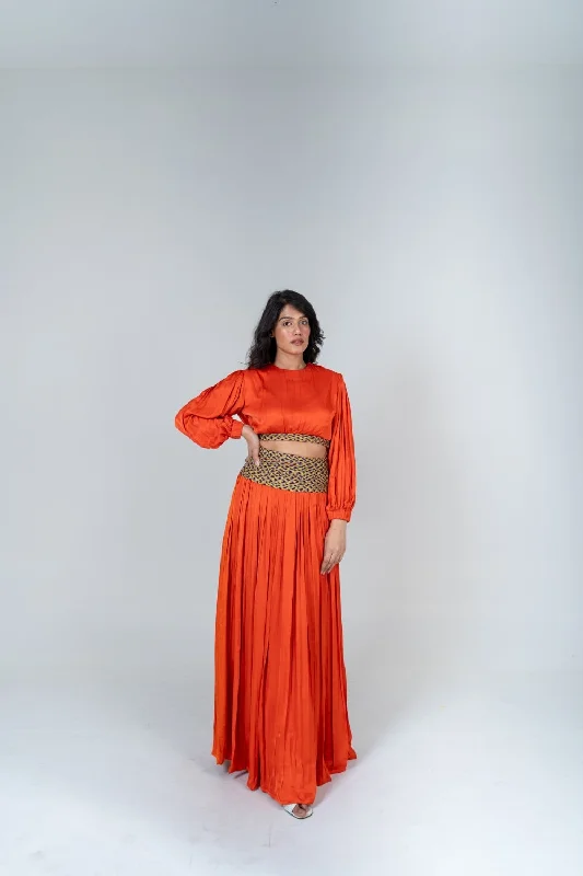 Orange Skirt Set with Color Blocked Braids ruffled skirt detail