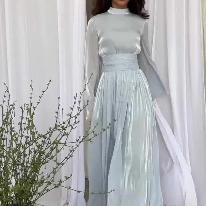 Socialite French-Look Long Neck Round Waist Flowing Long Dress Tunics Wedding white
