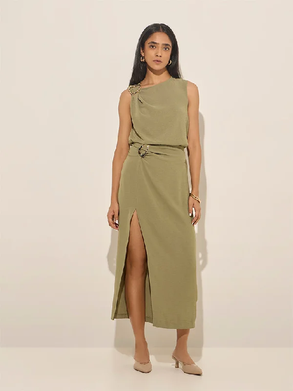Wardrobe Olive Metal-Detailed High-Rise Skirt cotton skirt soft