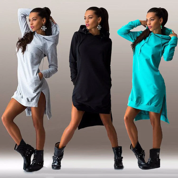 Winter Dress Cotton O-neck Long Sleeve Fashion Casual Style Irregular Solid Hooded Women's Dress hipping Tunics Polka dots