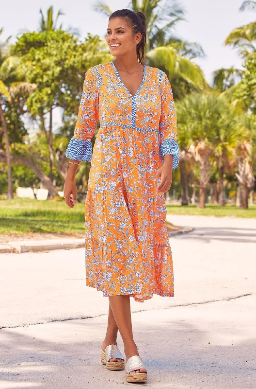 Hayden Block Print Dress | Japanese Orange/Cobalt Tunics Silk luxurious