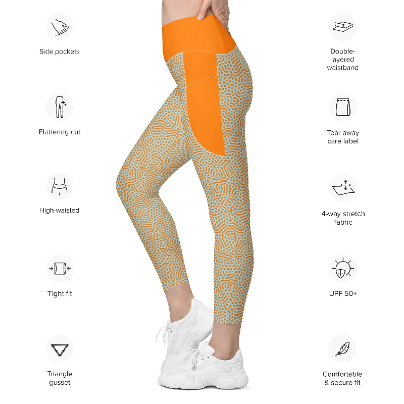 Life League Gear - Women's Leggings with Pockets - "CORAL" (Sunset Orange and Blue) Trendy Leather-Look Workout Leggings Life League Gear - Women's Leggings with Pockets - "CORAL" (Sunset Orange and Blue) Trendy Leather-Look Workout Leggings