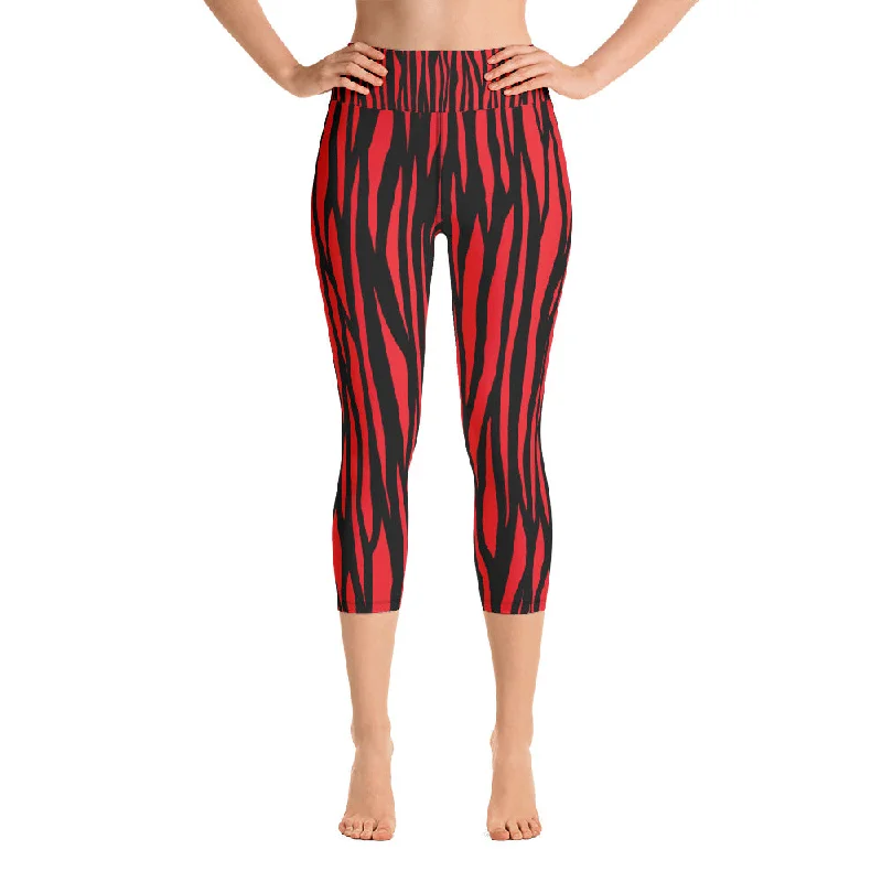 Zebra Print Red Yoga Capri Leggings - With Pockets Fashionable Seamless Leggings