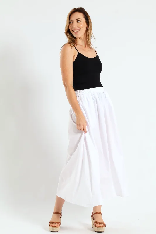 Pull-On Poplin Midi Skirt - White leather skirt sleek