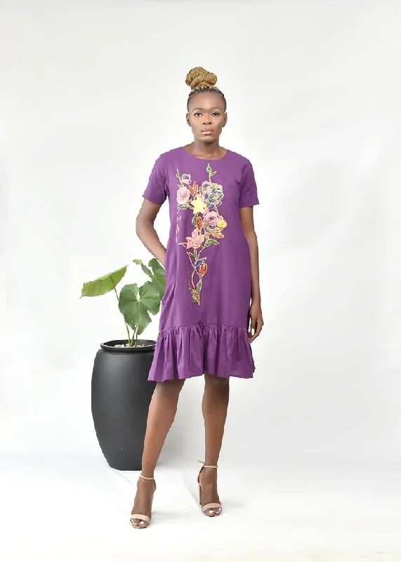 AIMAS Kwassa Purple Embellished Cotton Shift Dress Square Neckline Feminine