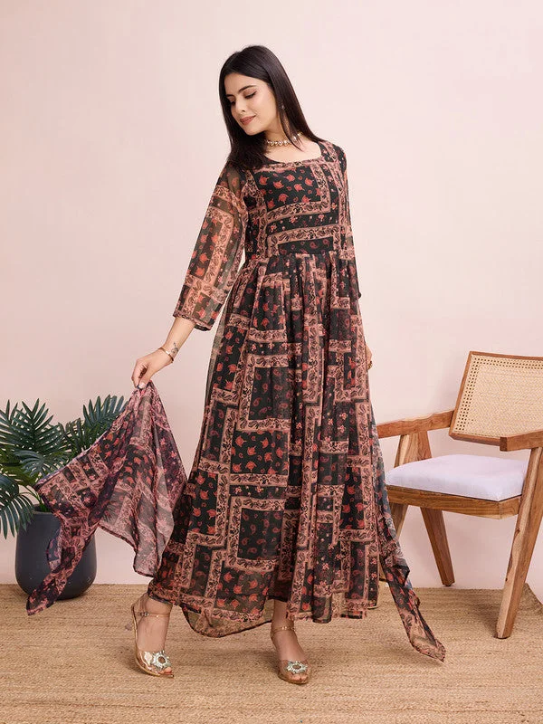 Malishka Women's Floral Printed Georgette Maxi Ethnic Dress With Dupatta - Brown Bodycon Club Sequined