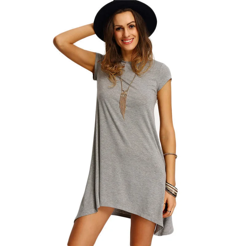 Womens Summer Dresses Ladies Grey Asymmetric Hem Casual Round Neck Short Sleeve Shift Tees Dress Tunics Stylish elegant Womens Summer Dresses Ladies Grey Asymmetric Hem Casual Round Neck Short Sleeve Shift Tees Dress Tunics Stylish elegant