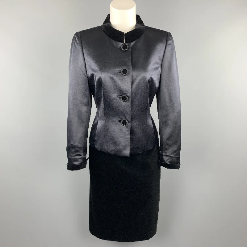 AKRIS Size 8 Navy Wool Satin & Black Velvet Skirt Suit pencil skirt chic