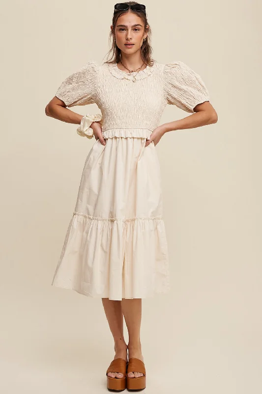 Smocked Puff Sleeve Poplin Dress 3 Colors Tunics Office stylish